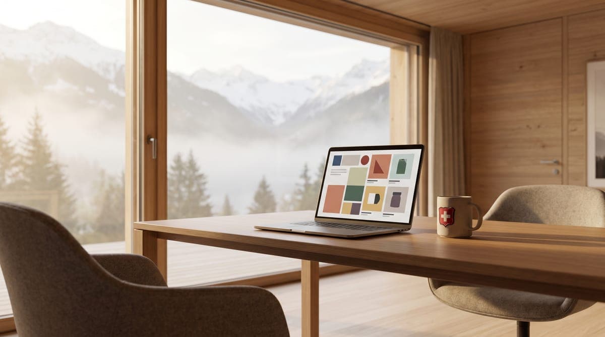 Minimal Swiss workspace with a laptop showing an online store and the Alps through the window